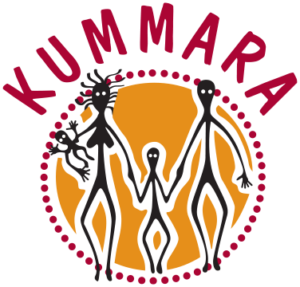 KUMMARA in red with a line drawn family in black in front of an ochre circle surrounded by red dots.