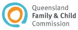 Queensland Family & Child Commission next to an orange circle surrounded by an unclosed blue circle