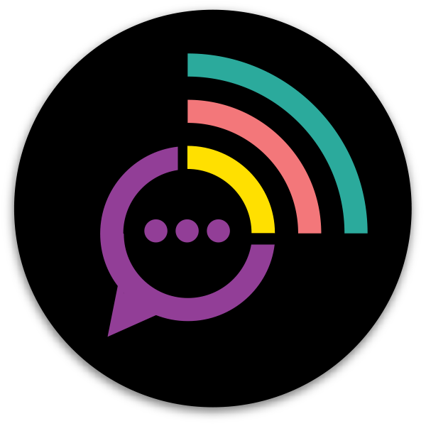 A purple speech bubble with 3 dots and 3 lines in yellow pink and green radiating out of the top right corner.