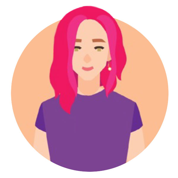 Illustration of a young woman with pink hair and a purple tshirt